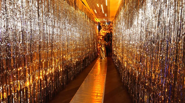 Welcome act in a silver costume at a festively lit entrance