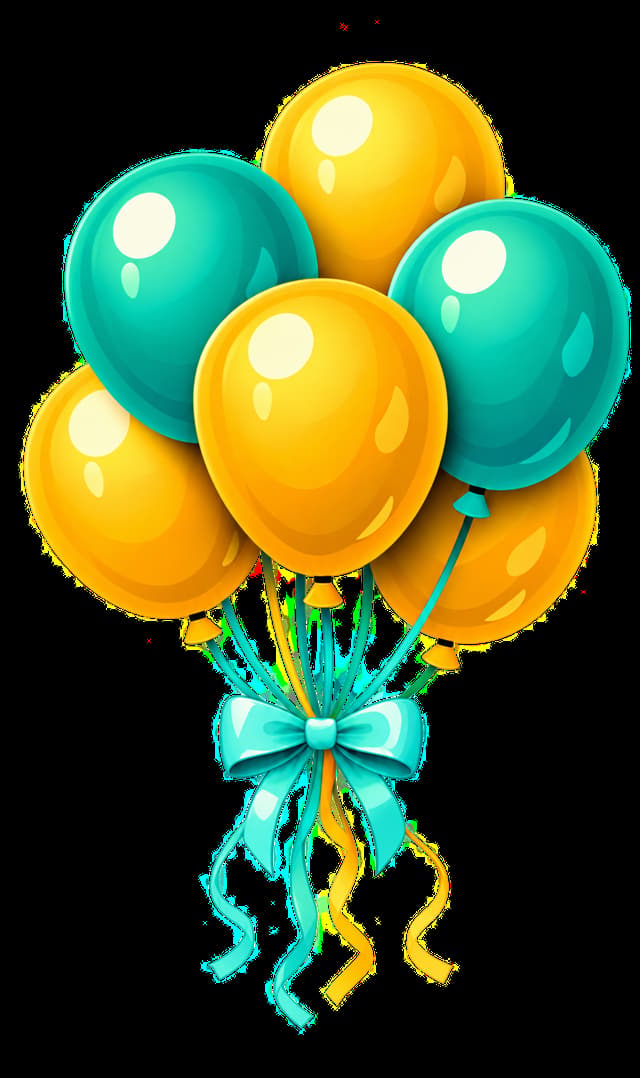 Freestanding illustration of a golden yellow and teal balloon cluster for a festive event venue