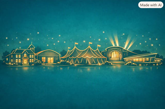 Illustration of different external event venues in an atmospherically lit landscape