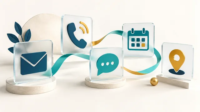 Illustration with symbols for email, phone, conversation, planning and location